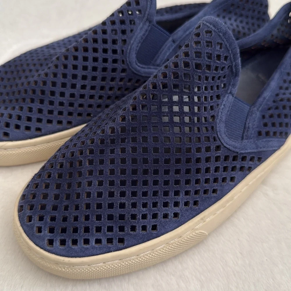 Tory Burch | Jesse Perforated Suede Slip On Flat Sneakers Shoes Navy Blue (7) - Picture 5 of 16
